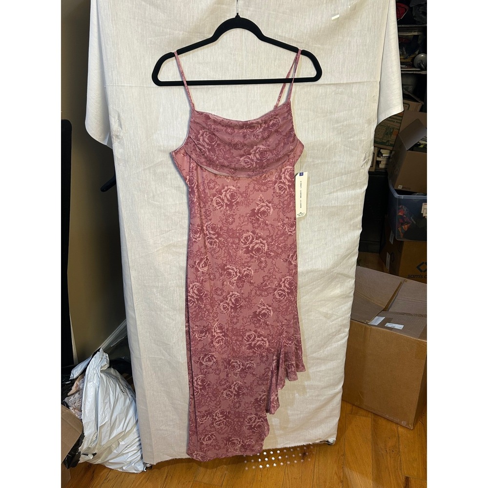Almost Famous Pink Rose Lace Midi Slip Dress Cowl Neck Asymmetrical Hem L